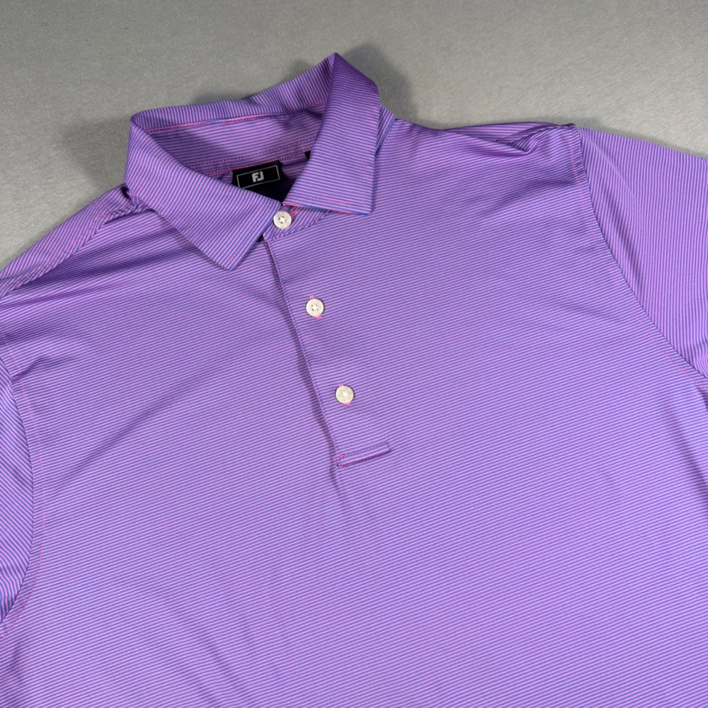 FootJoy Mens Purple Blue Micro Stripe Golf Polo Shirt Heart Sleeve Logo Size M